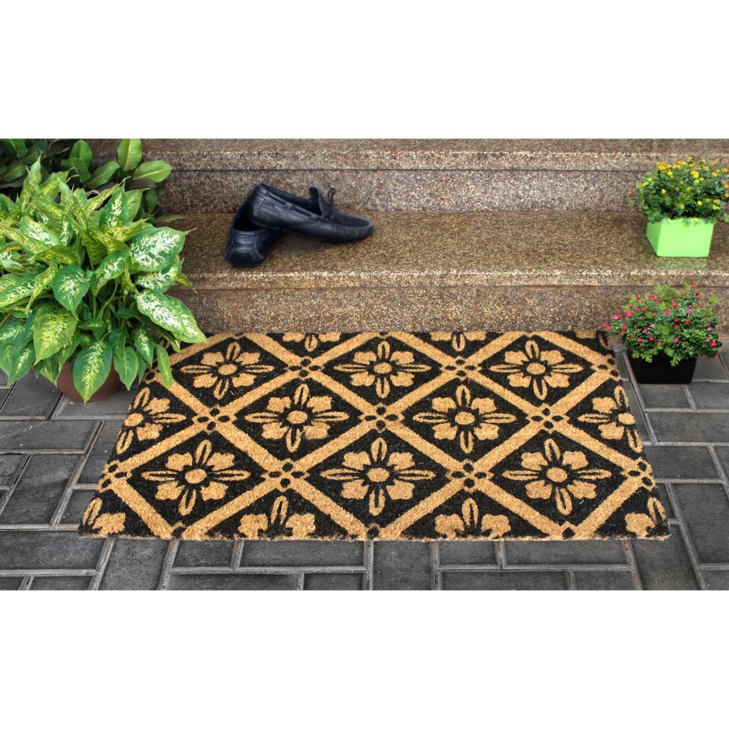 RugSmith - RugSmith Black Machine Tufted Mandala  Doormat, 18" x 30"