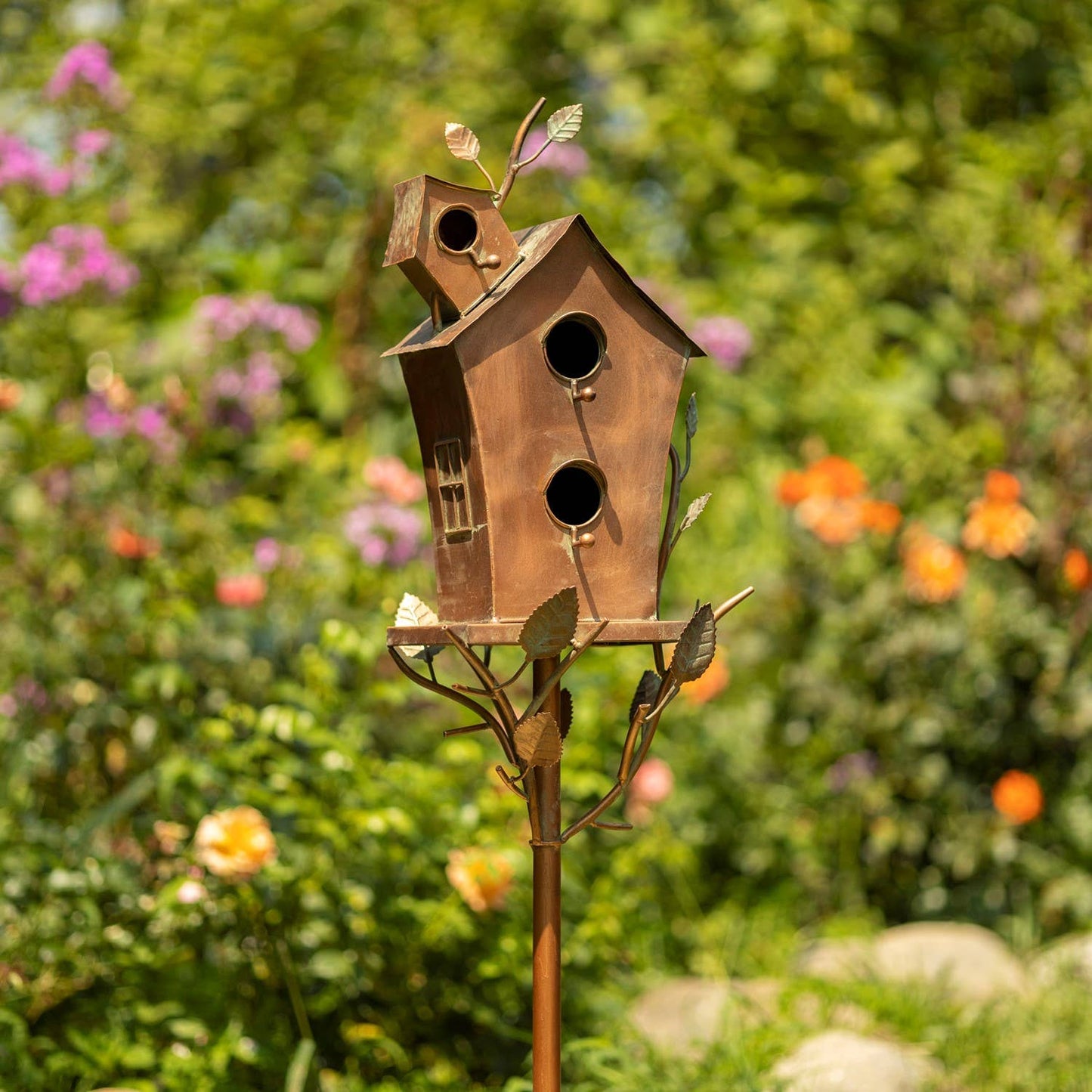 Zaer Ltd. International - Large Double-Hole Bird House Stake w/A-Frame Roof in Copper
